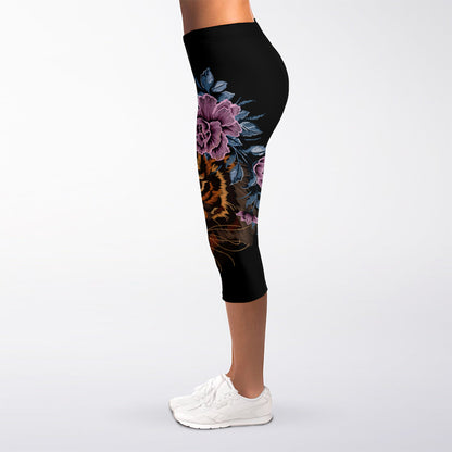 Embroidery Tiger And Flower Print Women's Capri Leggings