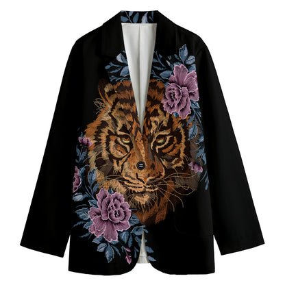Embroidery Tiger And Flower Print Women's Cotton Blazer