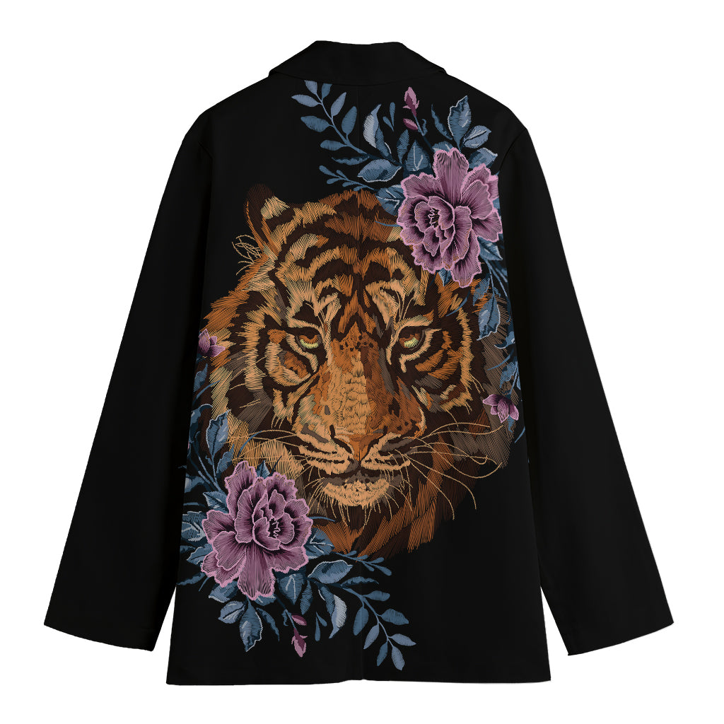 Embroidery Tiger And Flower Print Women's Cotton Blazer