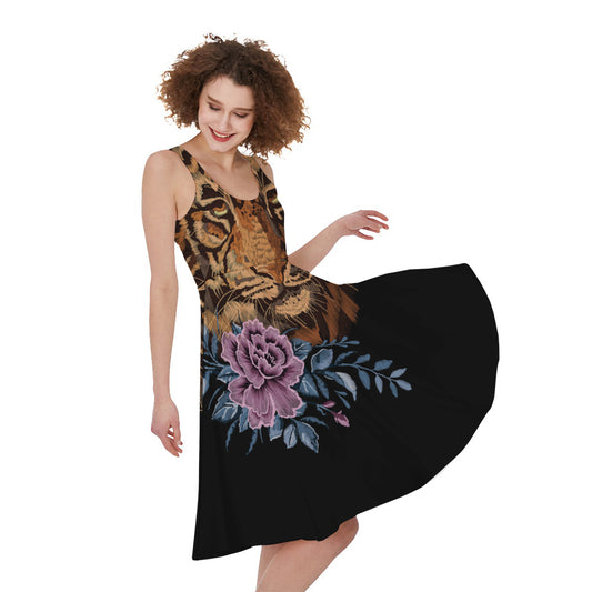 Embroidery Tiger And Flower Print Women's Sleeveless Dress