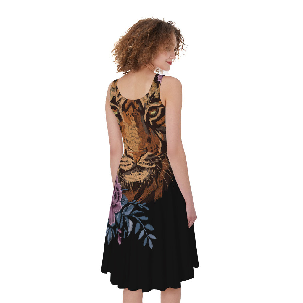 Embroidery Tiger And Flower Print Women's Sleeveless Dress