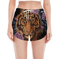Embroidery Tiger And Flower Print Women's Split Running Shorts