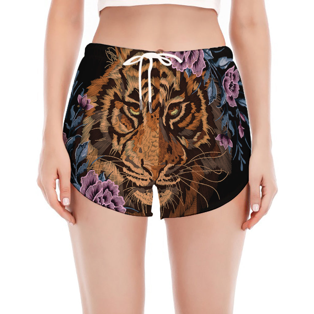 Embroidery Tiger And Flower Print Women's Split Running Shorts