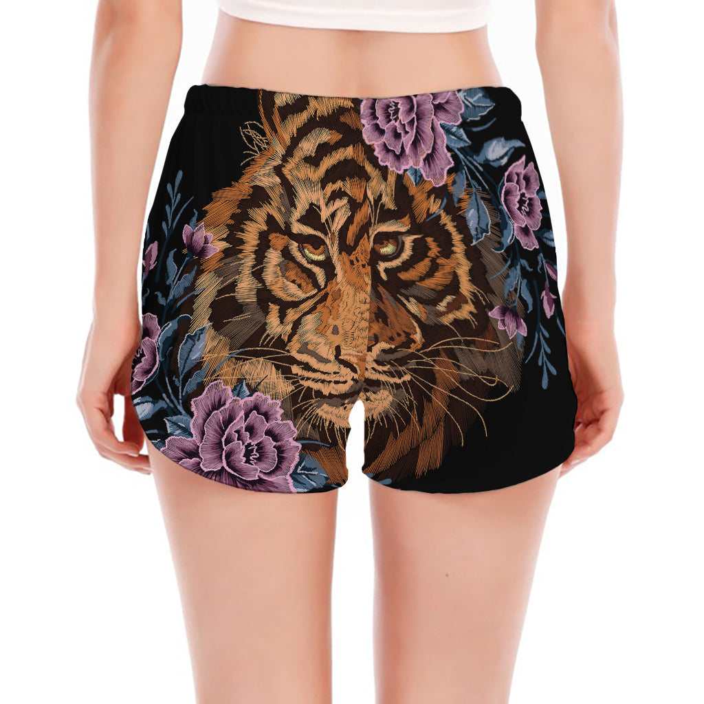 Embroidery Tiger And Flower Print Women's Split Running Shorts