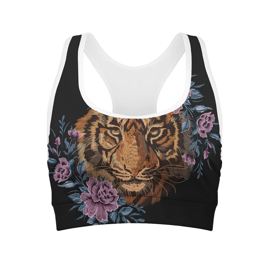 Embroidery Tiger And Flower Print Women's Sports Bra