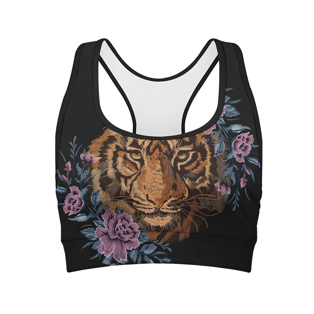 Embroidery Tiger And Flower Print Women's Sports Bra