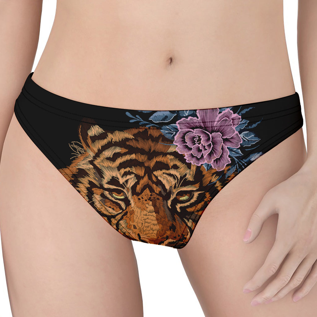 Embroidery Tiger And Flower Print Women's Thong