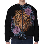 Embroidery Tiger And Flower Print Zip Sleeve Bomber Jacket
