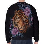 Embroidery Tiger And Flower Print Zip Sleeve Bomber Jacket