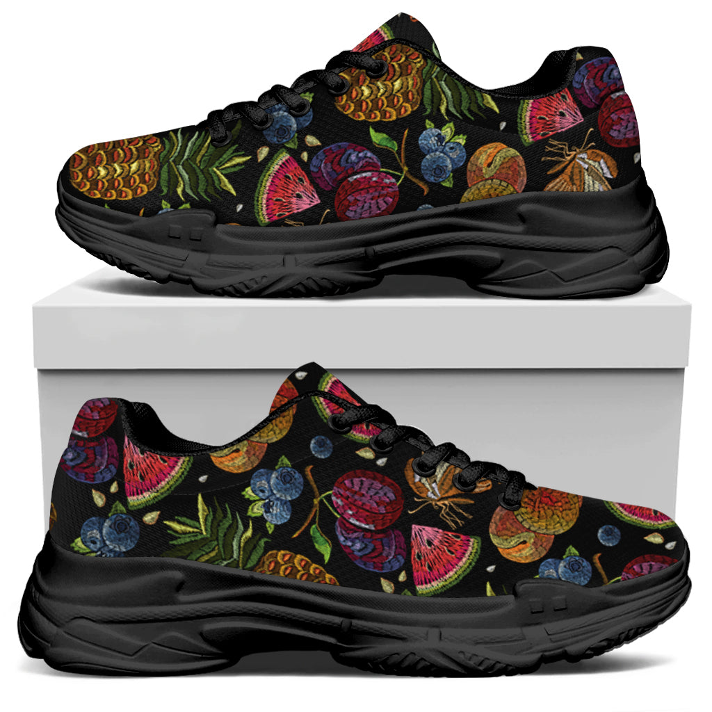 Embroidery Tropical Pattern Print Black Chunky Shoes