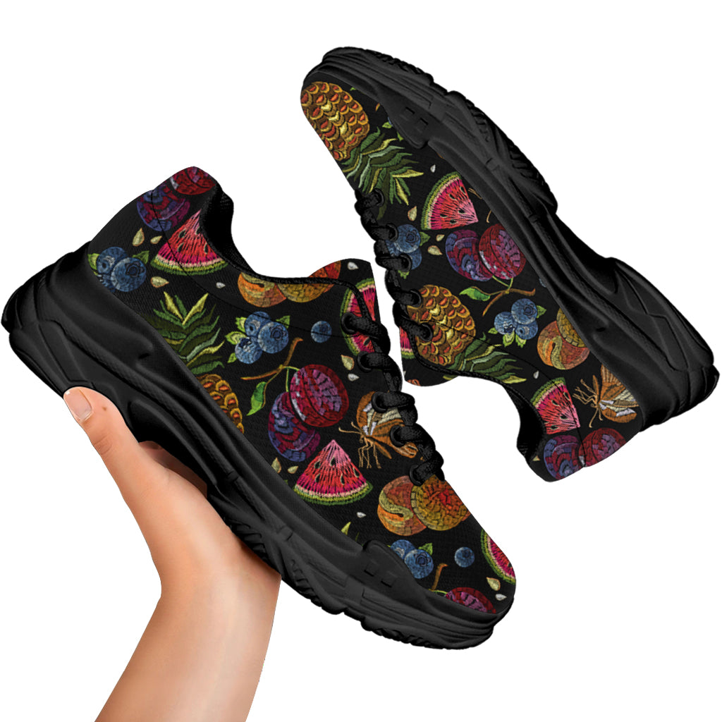 Embroidery Tropical Pattern Print Black Chunky Shoes
