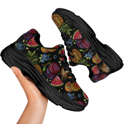 Embroidery Tropical Pattern Print Black Chunky Shoes