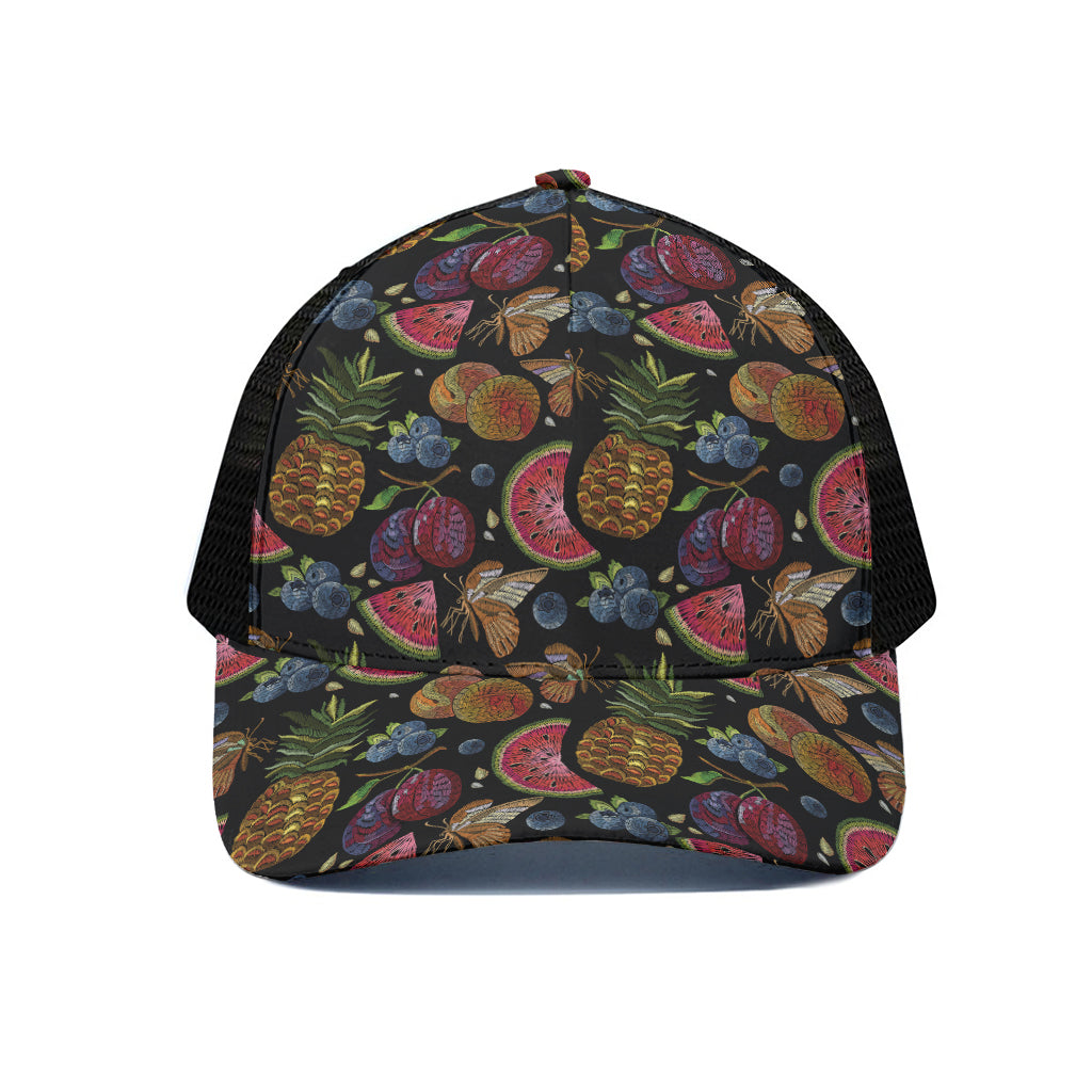 Embroidery Tropical Pattern Print Black Mesh Trucker Cap