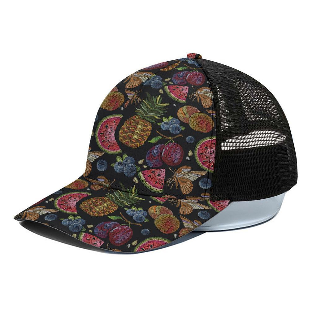 Embroidery Tropical Pattern Print Black Mesh Trucker Cap