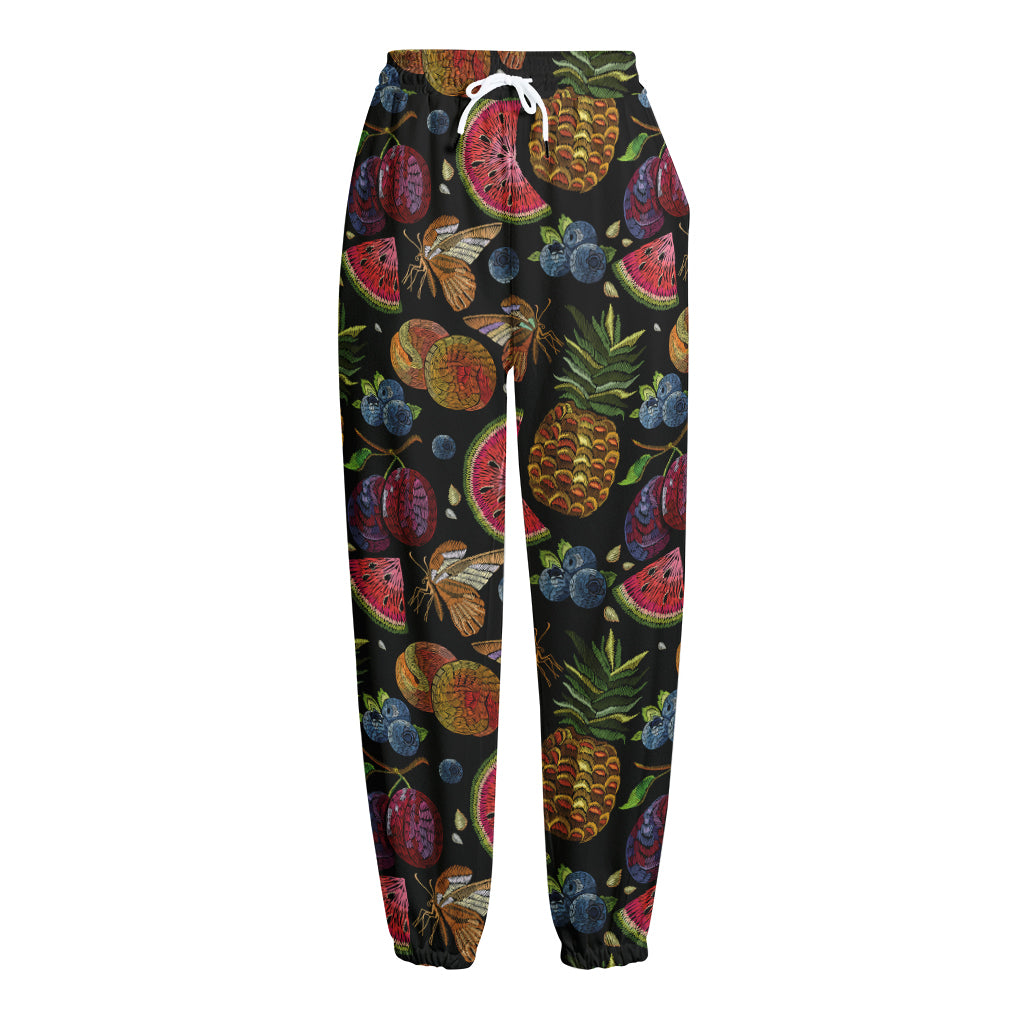 Embroidery Tropical Pattern Print Fleece Lined Knit Pants
