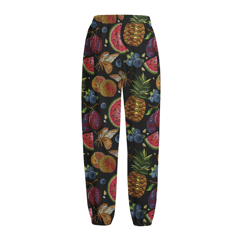 Embroidery Tropical Pattern Print Fleece Lined Knit Pants