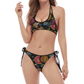Embroidery Tropical Pattern Print Halter Scoop Tie Side Bikini