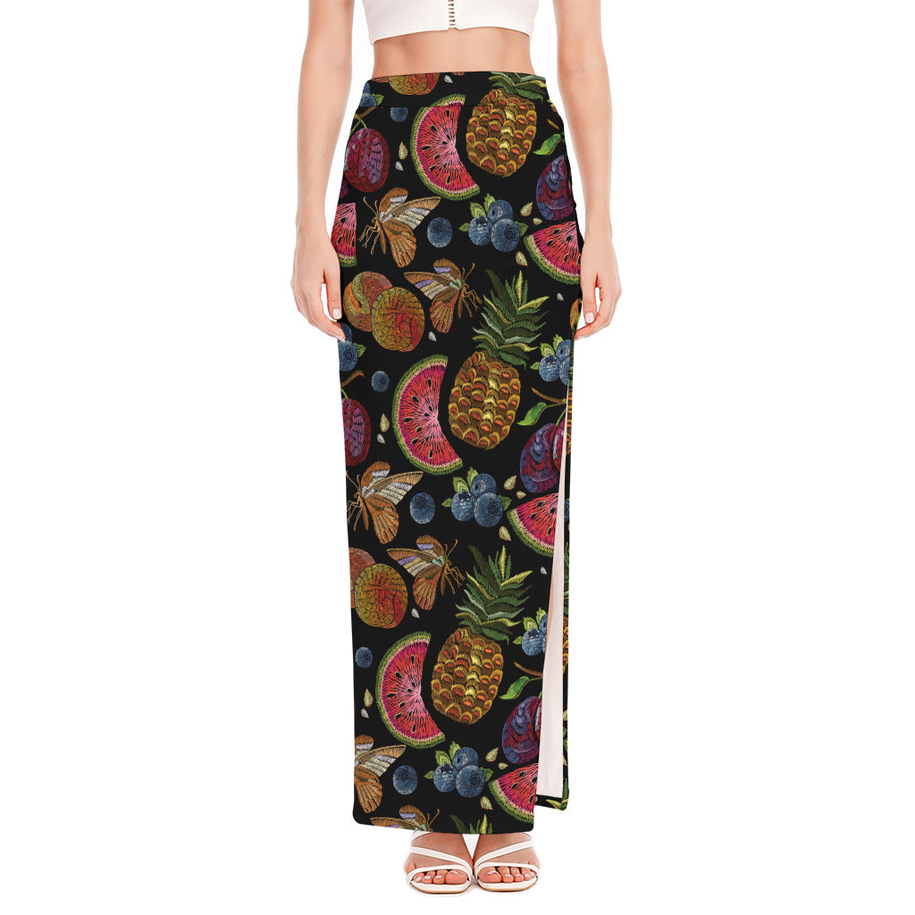 Embroidery Tropical Pattern Print High Slit Maxi Skirt