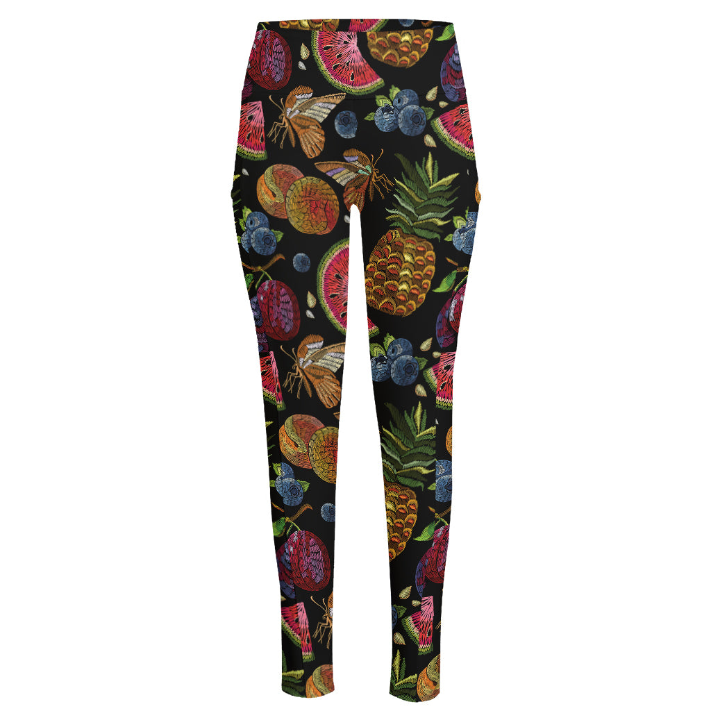 Embroidery Tropical Pattern Print High-Waisted Pocket Leggings