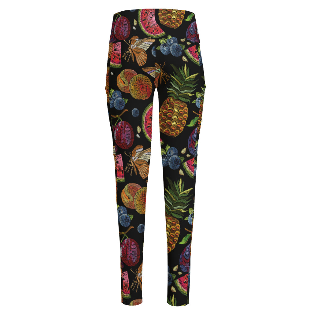 Embroidery Tropical Pattern Print High-Waisted Pocket Leggings
