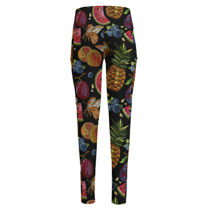 Embroidery Tropical Pattern Print High-Waisted Pocket Leggings