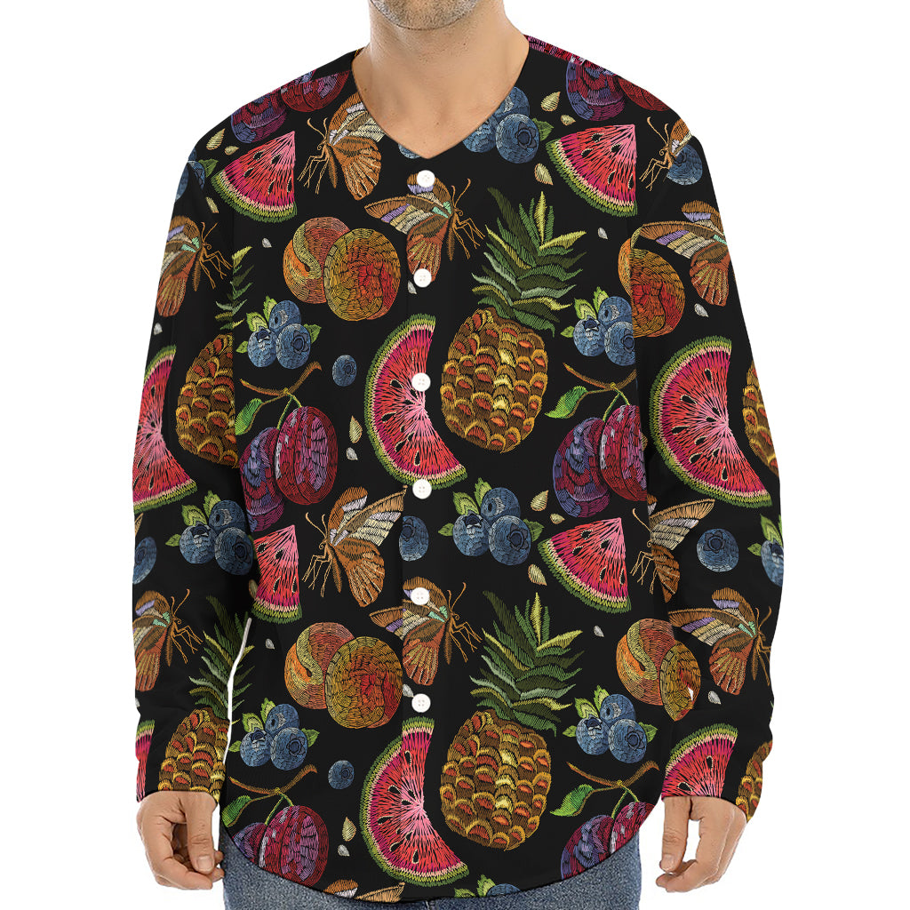 Embroidery Tropical Pattern Print Long Sleeve Baseball Jersey