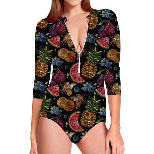 Embroidery Tropical Pattern Print Long Sleeve Swimsuit