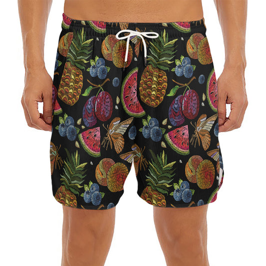 Embroidery Tropical Pattern Print Men's Split Running Shorts
