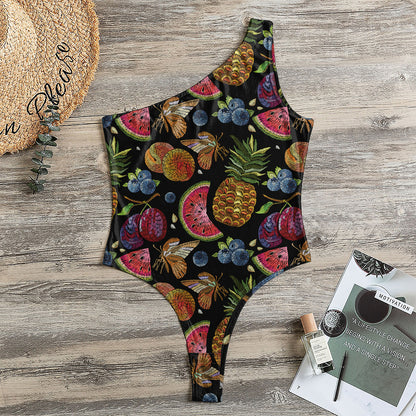 Embroidery Tropical Pattern Print One Shoulder Bodysuit