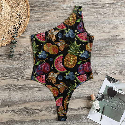 Embroidery Tropical Pattern Print One Shoulder Bodysuit