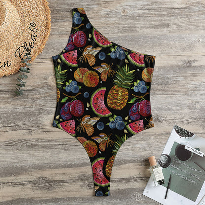 Embroidery Tropical Pattern Print One Shoulder Bodysuit
