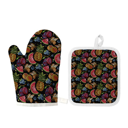 Embroidery Tropical Pattern Print Oven Mitt And Pot Holder Set