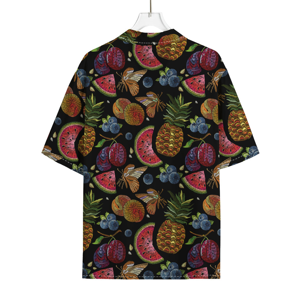 Embroidery Tropical Pattern Print Rayon Hawaiian Shirt