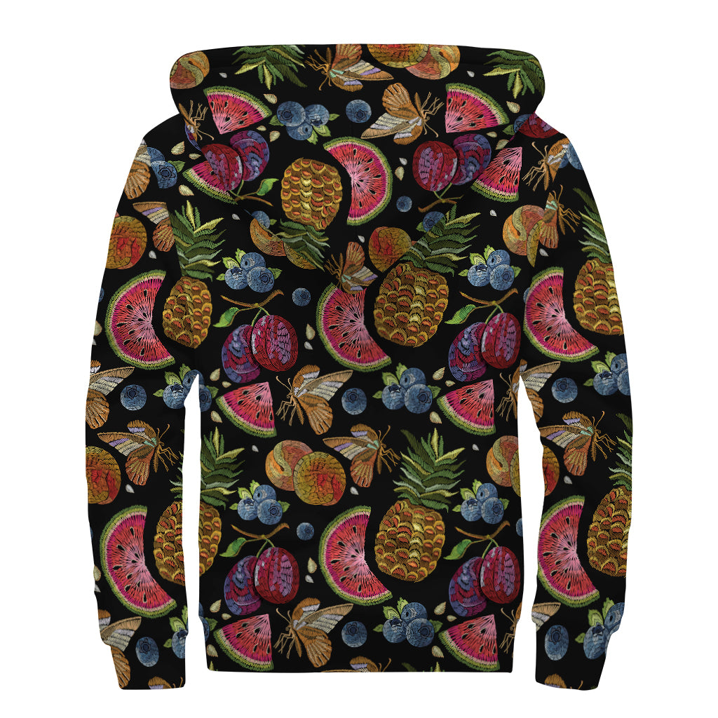 Embroidery Tropical Pattern Print Sherpa Lined Zip Up Hoodie