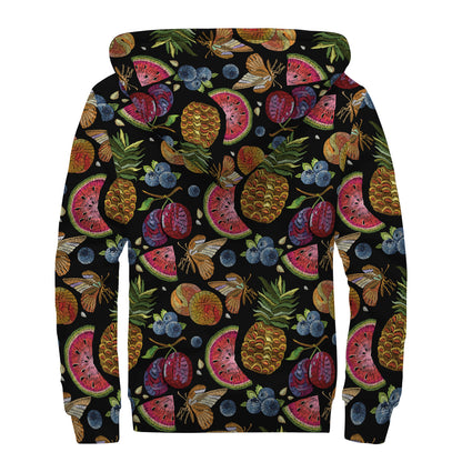 Embroidery Tropical Pattern Print Sherpa Lined Zip Up Hoodie