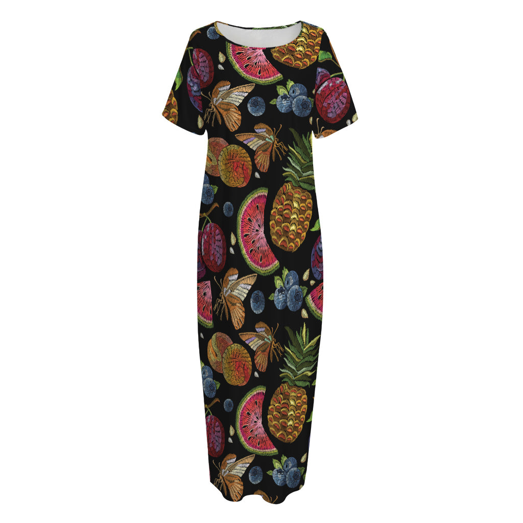 Embroidery Tropical Pattern Print Short Sleeve Long Nightdress