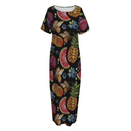Embroidery Tropical Pattern Print Short Sleeve Long Nightdress
