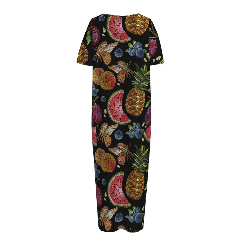 Embroidery Tropical Pattern Print Short Sleeve Long Nightdress
