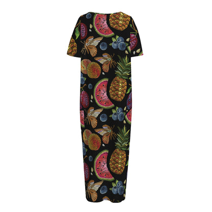 Embroidery Tropical Pattern Print Short Sleeve Long Nightdress