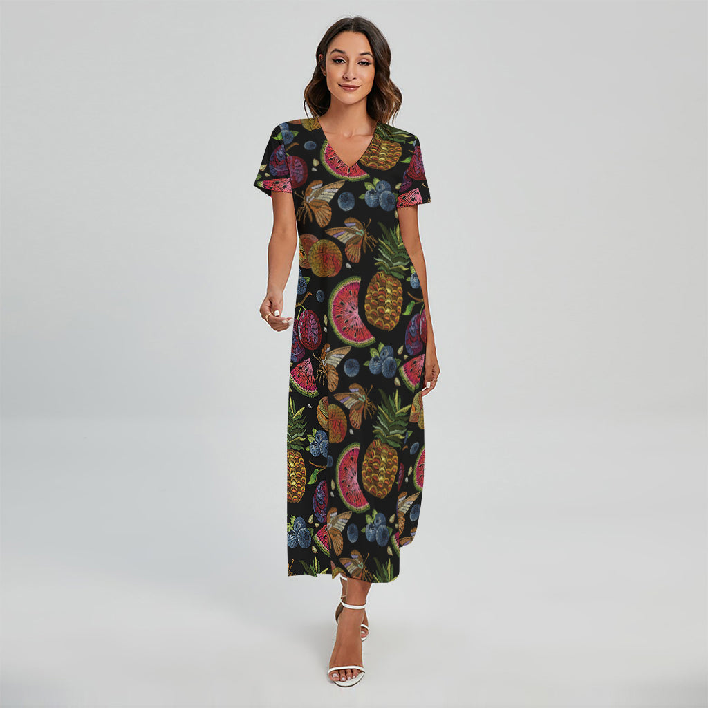 Embroidery Tropical Pattern Print Short Sleeve Maxi Dress