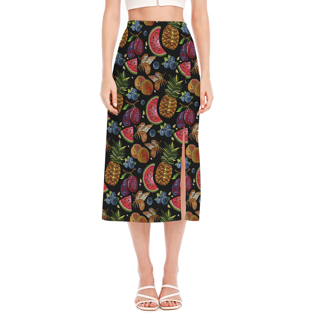 Embroidery Tropical Pattern Print Side Slit Midi Skirt