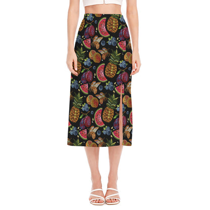 Embroidery Tropical Pattern Print Side Slit Midi Skirt