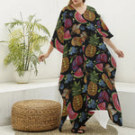 Embroidery Tropical Pattern Print Silk V-Neck Kaftan Dress