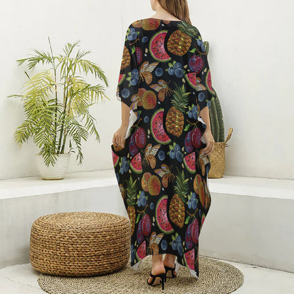 Embroidery Tropical Pattern Print Silk V-Neck Kaftan Dress