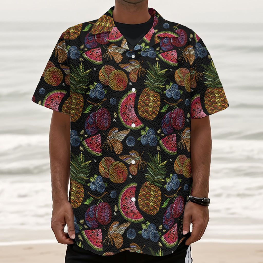 Embroidery Tropical Pattern Print Textured Short Sleeve Shirt