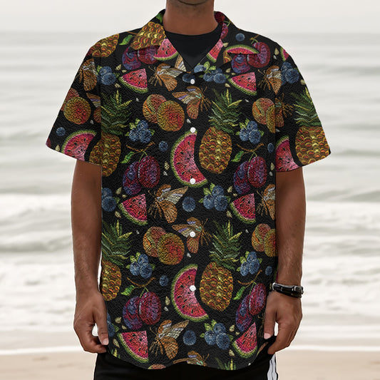 Embroidery Tropical Pattern Print Textured Short Sleeve Shirt