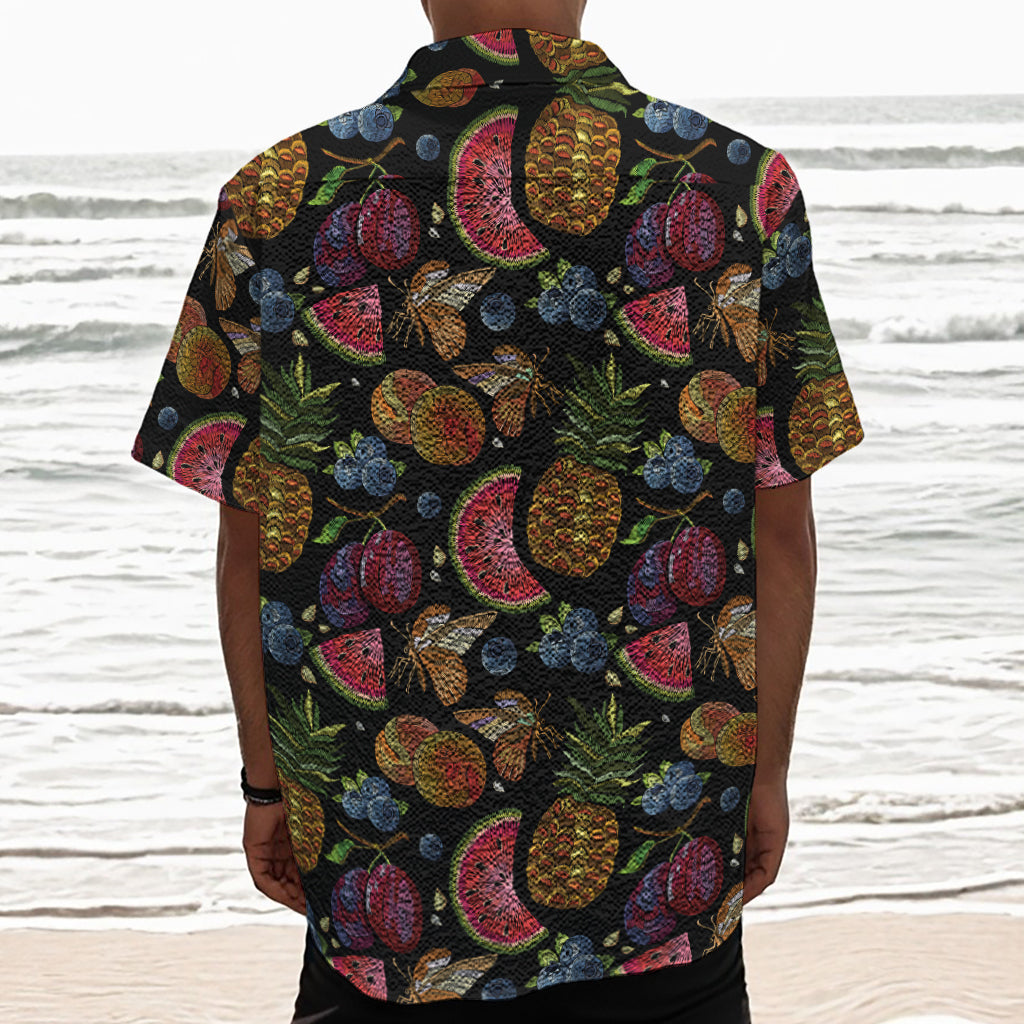 Embroidery Tropical Pattern Print Textured Short Sleeve Shirt