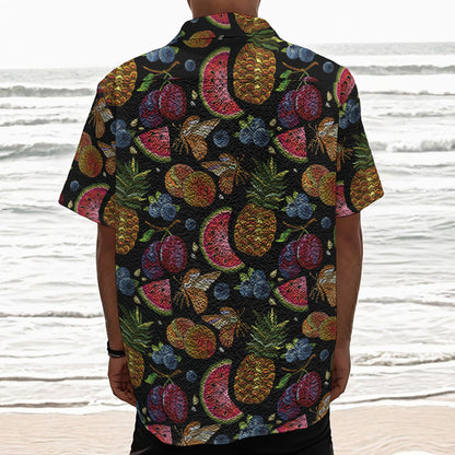 Embroidery Tropical Pattern Print Textured Short Sleeve Shirt