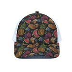 Embroidery Tropical Pattern Print White Mesh Trucker Cap