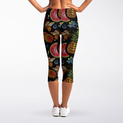 Embroidery Tropical Pattern Print Women's Capri Leggings